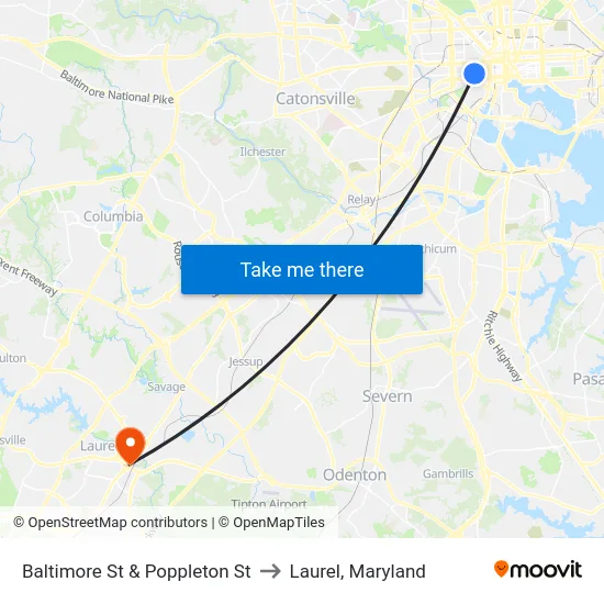 Baltimore St & Poppleton St to Laurel, Maryland map