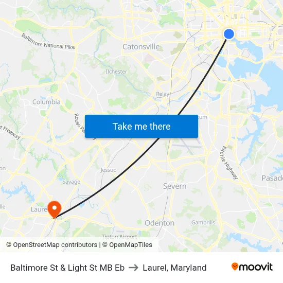 Baltimore St & Light St MB Eb to Laurel, Maryland map