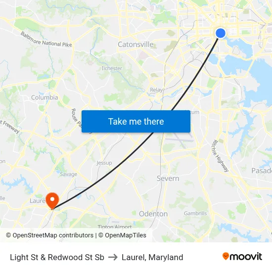Light St & Redwood St Sb to Laurel, Maryland map