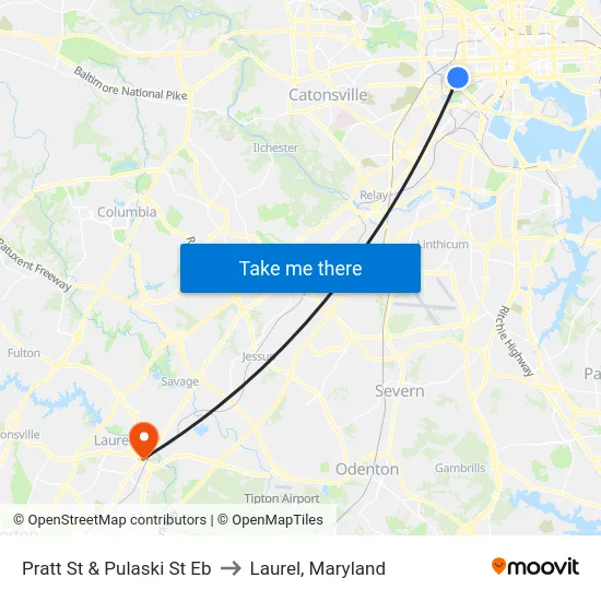 Pratt St & Pulaski St Eb to Laurel, Maryland map