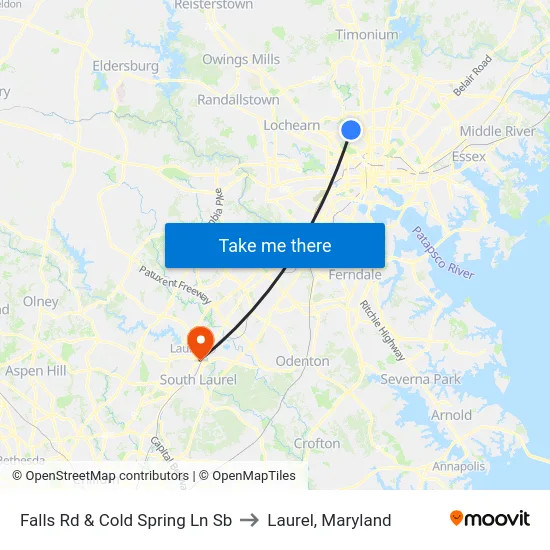 Falls Rd & Cold Spring Ln Sb to Laurel, Maryland map