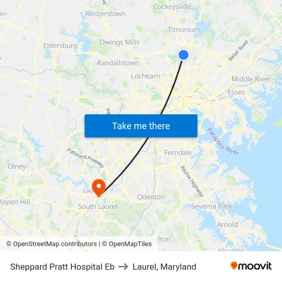 Sheppard Pratt Hospital Eb to Laurel, Maryland map