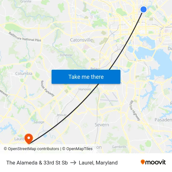 The Alameda & 33rd St Sb to Laurel, Maryland map