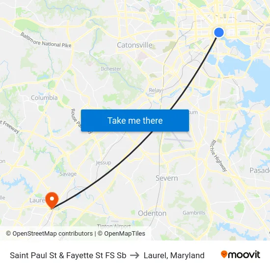 Saint Paul St & Fayette St FS Sb to Laurel, Maryland map