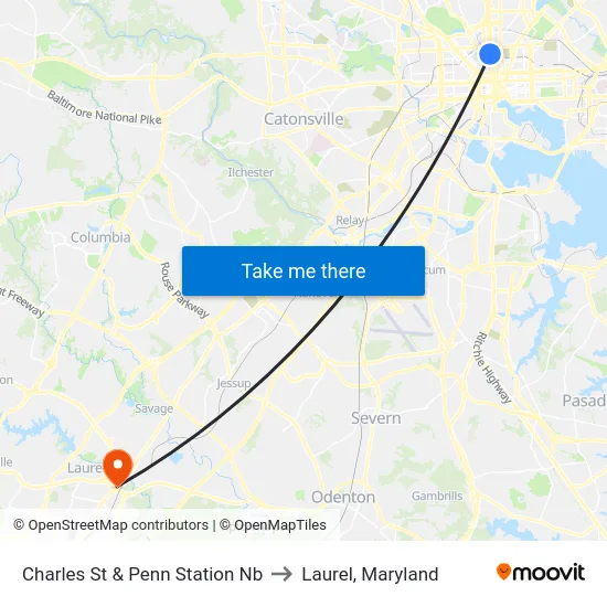 Charles St & Penn Station Nb to Laurel, Maryland map