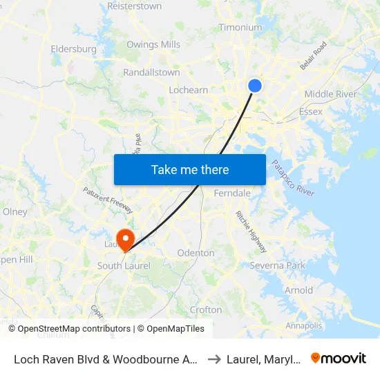 Loch Raven Blvd & Woodbourne Ave Nb to Laurel, Maryland map