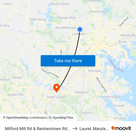 Milford Mill Rd & Reisterstown Rd Eb to Laurel, Maryland map