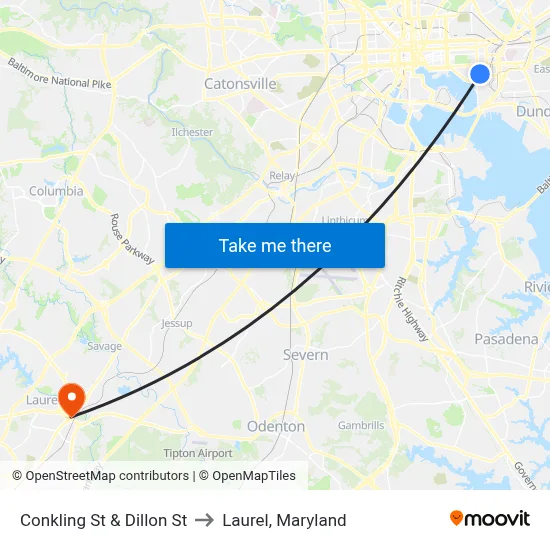 Conkling St & Dillon St to Laurel, Maryland map