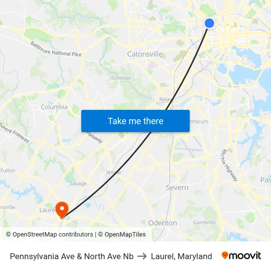 Pennsylvania Ave & North Ave Nb to Laurel, Maryland map