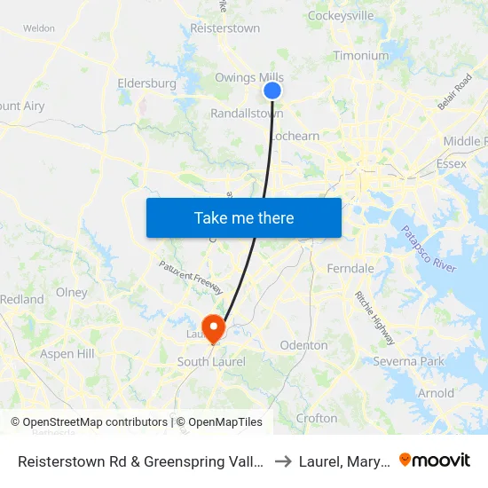 Reisterstown Rd & Greenspring Valley Rd Nb to Laurel, Maryland map
