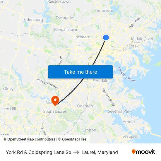 York Rd & Coldspring Lane Sb to Laurel, Maryland map