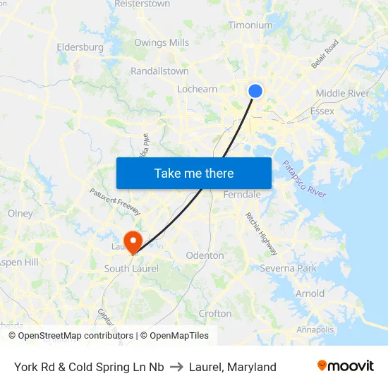 York Rd & Cold Spring Ln Nb to Laurel, Maryland map