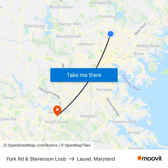 York Rd & Stevenson Lnsb to Laurel, Maryland map