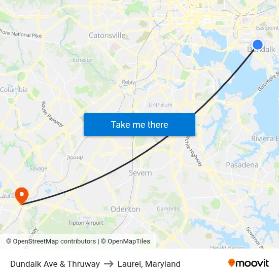 Dundalk Ave & Thruway to Laurel, Maryland map