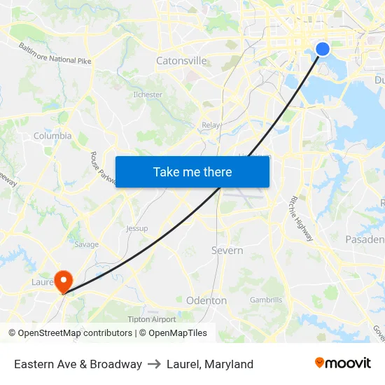 Eastern Ave & Broadway to Laurel, Maryland map