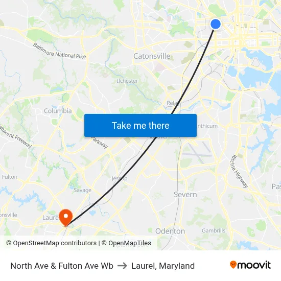 North Ave & Fulton Ave Wb to Laurel, Maryland map