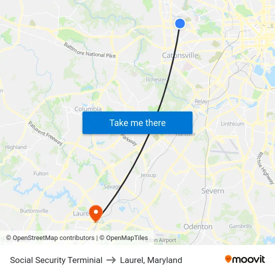 Social Security Terminial to Laurel, Maryland map