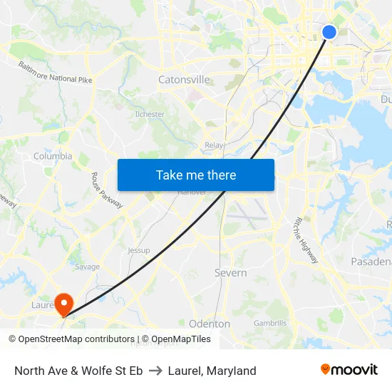 North Ave & Wolfe St Eb to Laurel, Maryland map