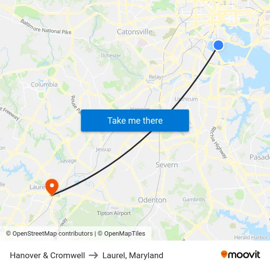 Hanover & Cromwell to Laurel, Maryland map