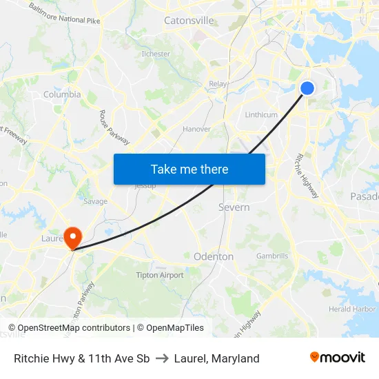 Ritchie Hwy & 11th Ave Sb to Laurel, Maryland map