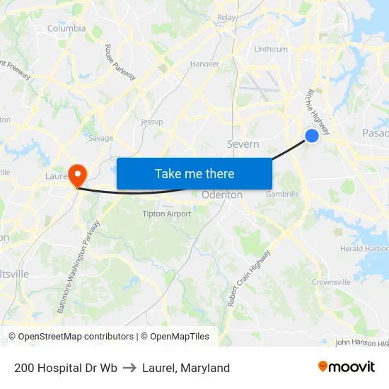 200 Hospital Dr Wb to Laurel, Maryland map