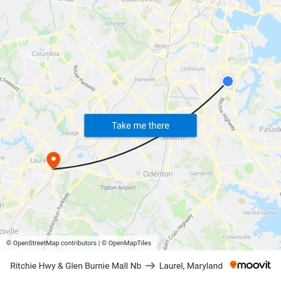 Ritchie Hwy & Glen Burnie Mall Nb to Laurel, Maryland map