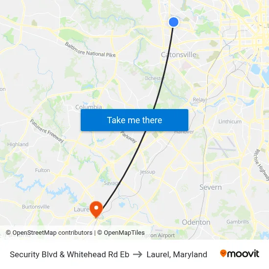Security Blvd & Whitehead Rd Eb to Laurel, Maryland map