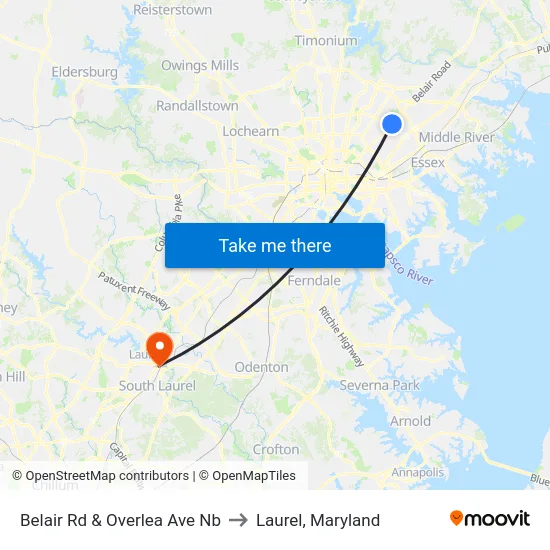 Belair Rd & Overlea Ave Nb to Laurel, Maryland map