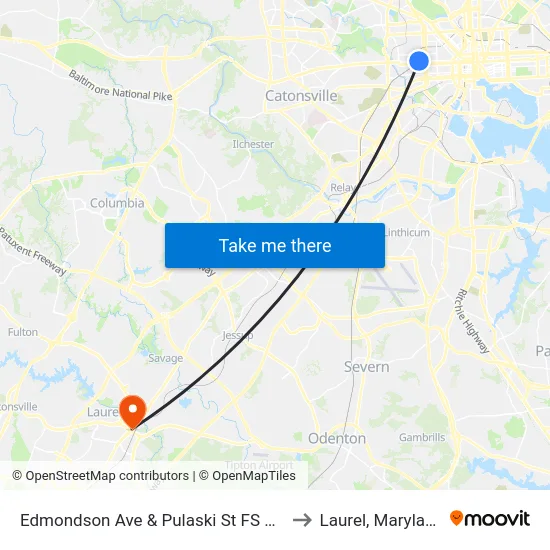 Edmondson Ave & Pulaski St FS Wb to Laurel, Maryland map