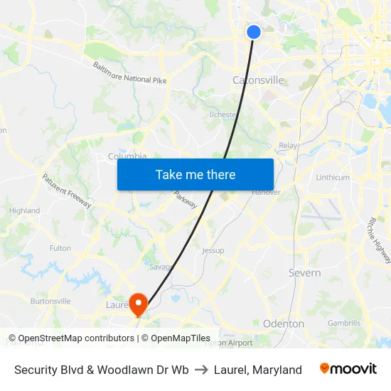 Security Blvd & Woodlawn Dr Wb to Laurel, Maryland map
