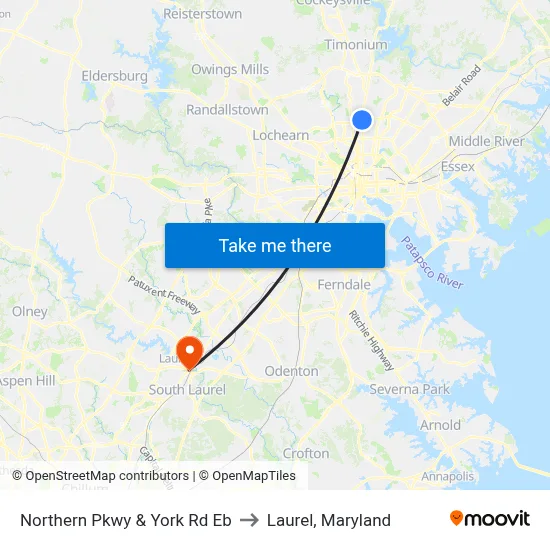 Northern Pkwy & York Rd Eb to Laurel, Maryland map