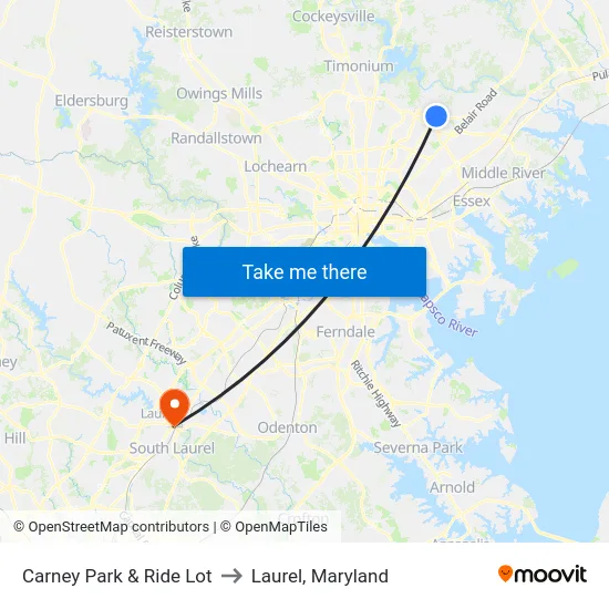 Carney Park & Ride Lot to Laurel, Maryland map