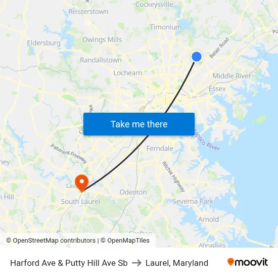 Harford Ave & Putty Hill Ave Sb to Laurel, Maryland map