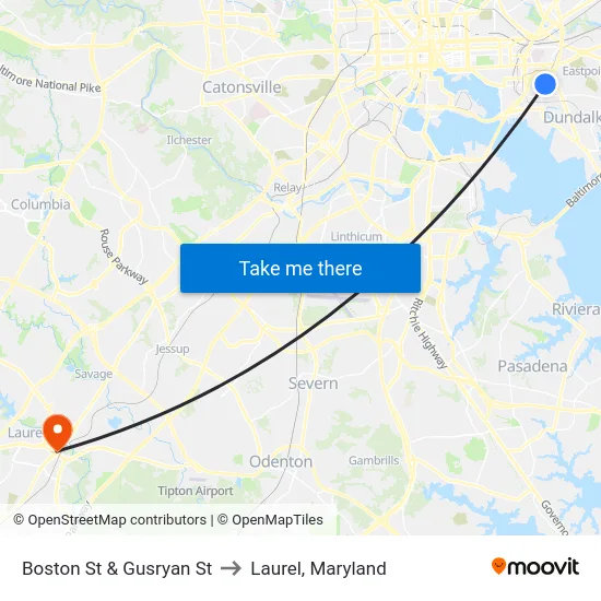 Boston St & Gusryan St to Laurel, Maryland map