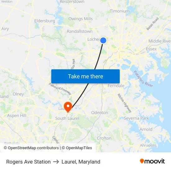 Rogers Ave Station to Laurel, Maryland map