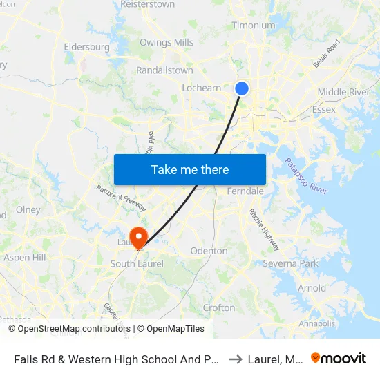 Falls Rd & Western High School And Polytechnic Institute Sb to Laurel, Maryland map