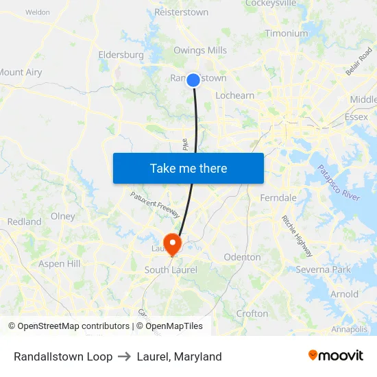 Randallstown Loop to Laurel, Maryland map