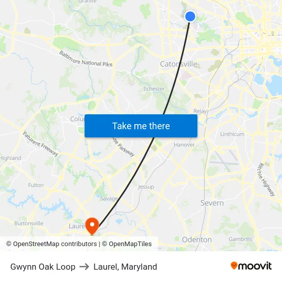 Gwynn Oak Loop to Laurel, Maryland map