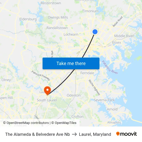 The Alameda & Belvedere Ave Nb to Laurel, Maryland map