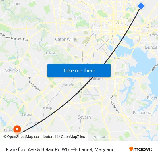 Frankford Ave & Belair Rd Wb to Laurel, Maryland map