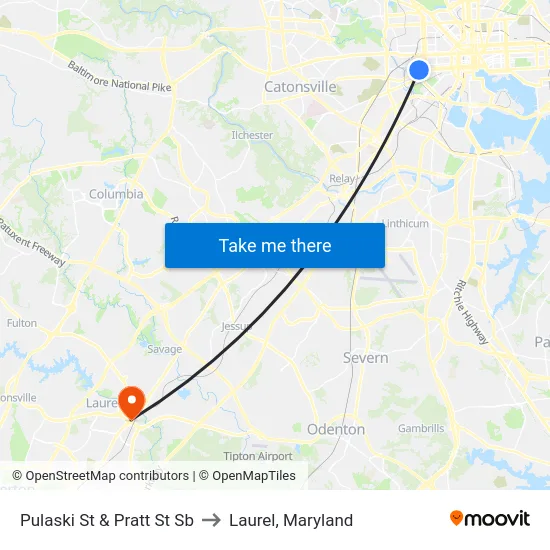 Pulaski St & Pratt St Sb to Laurel, Maryland map