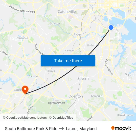 South Baltimore Park & Ride to Laurel, Maryland map