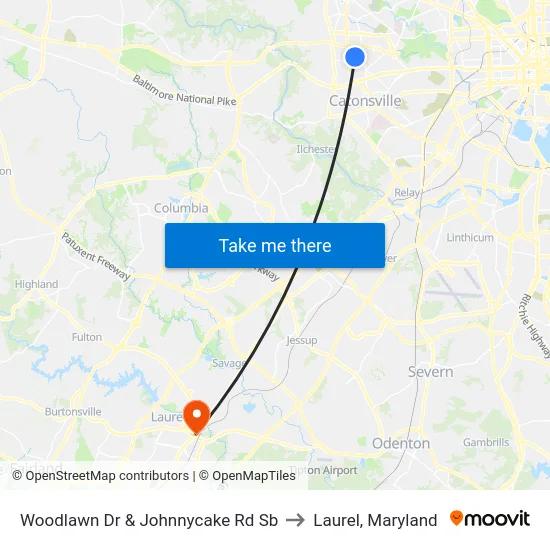Woodlawn Dr & Johnnycake Rd Sb to Laurel, Maryland map
