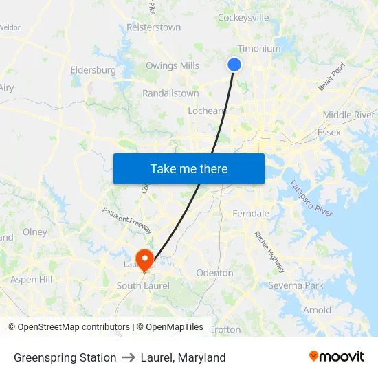 Greenspring Station to Laurel, Maryland map