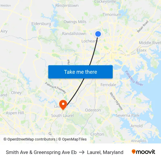 Smith Ave & Greenspring Ave Eb to Laurel, Maryland map