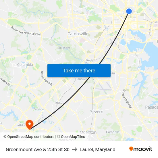 Greenmount Ave & 25th St Sb to Laurel, Maryland map