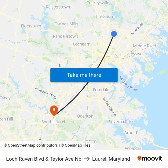 Loch Raven Blvd & Taylor Ave Nb to Laurel, Maryland map