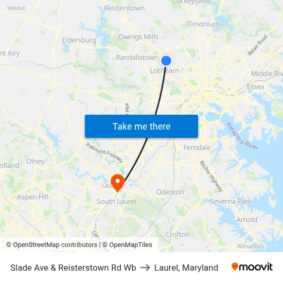 Slade Ave & Reisterstown Rd Wb to Laurel, Maryland map