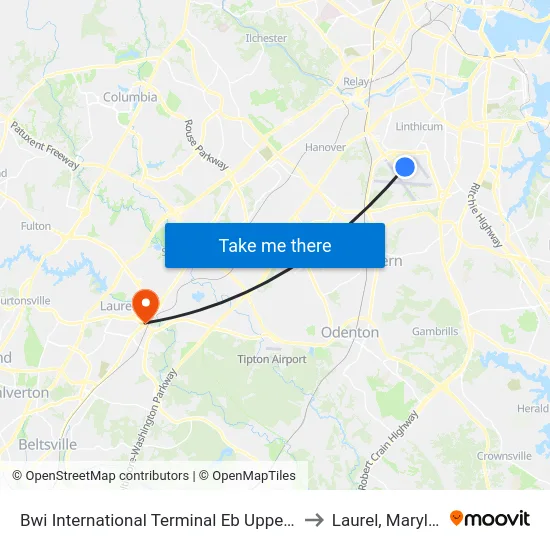 Bwi International Terminal Eb Upper Level to Laurel, Maryland map