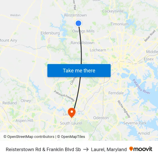 Reisterstown Rd & Franklin Blvd Sb to Laurel, Maryland map